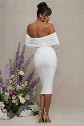 White Maternity Ruched Mesh Bardot Midi Dress